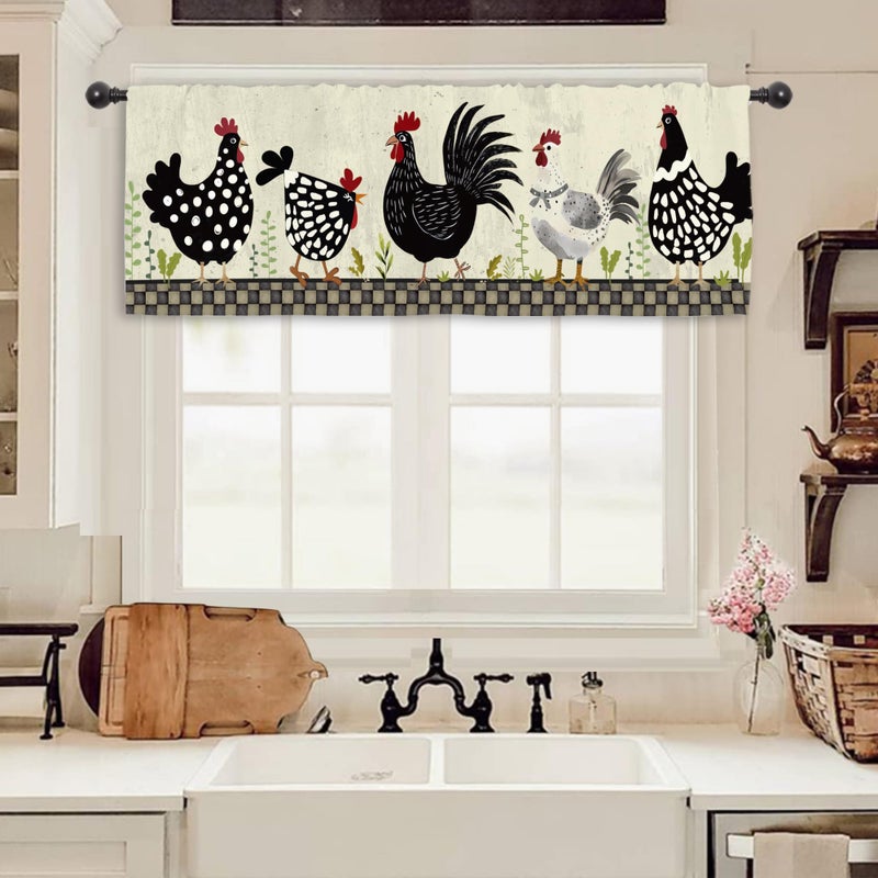 Miyotaa Rustic Rooster Chicken Kitchen Curtain Valance 54W x 18H Rod Pocket Farmhouse Country Rural Window Treatment for Living Room Bedroom Bathroom - Image 1