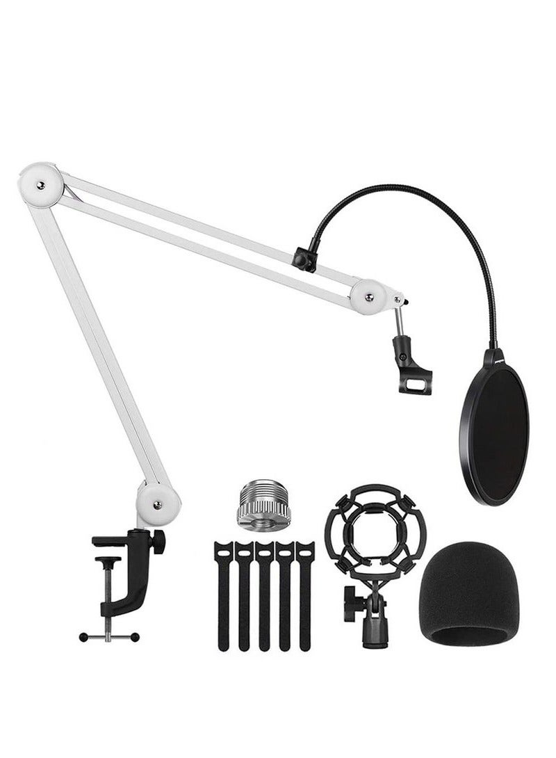 XiuWoo Boom Arm Mic Stand, Adjustable Desk Suspension Scissor Arm Stand, 3/8 to 5/8 inch Screw, Cable Ties, for Broadcasting and Recording, Game, White  - Image 1