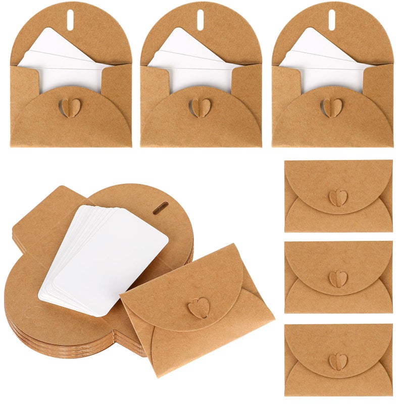 Sliverdew Mini Envelopes with Blank Cards 4.1 x 2.8 inch Kraft Paper Gift Card Holders Cute Tiny Envelopes with Heart Clasp for Gift Cards, Wedding Party Favors, Greeting Cards Mailing, Business Cards - Image 1