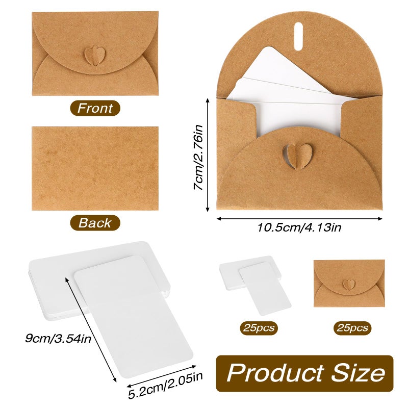 Sliverdew Mini Envelopes with Blank Cards 4.1 x 2.8 inch Kraft Paper Gift Card Holders Cute Tiny Envelopes with Heart Clasp for Gift Cards, Wedding Party Favors, Greeting Cards Mailing, Business Cards - Image 2