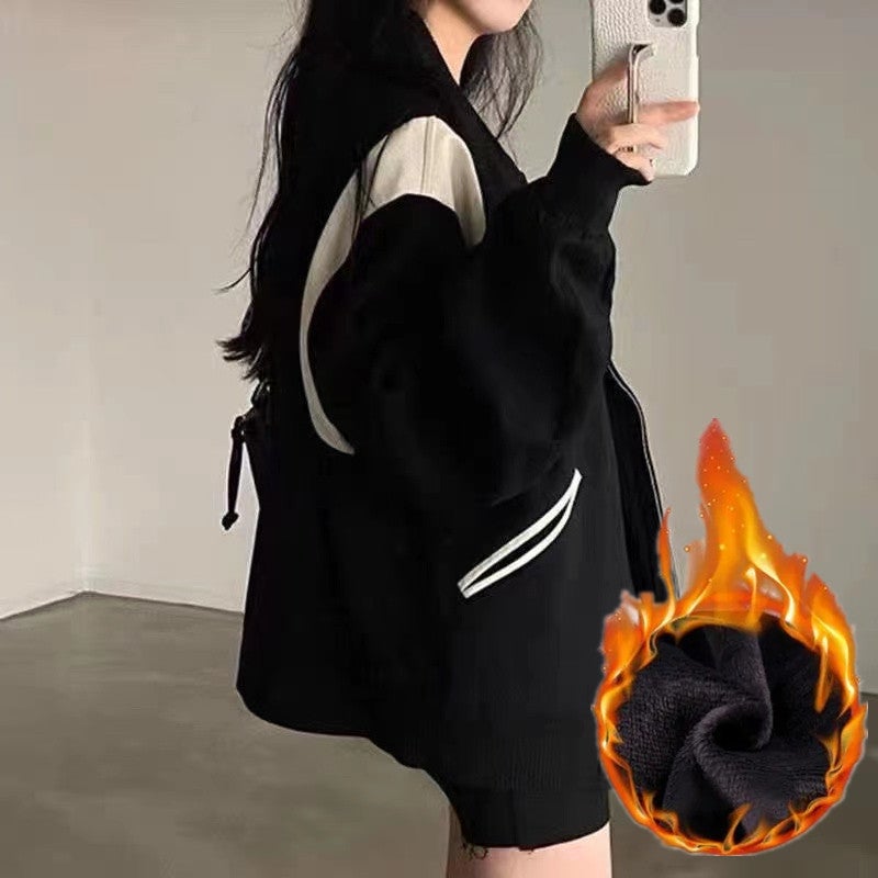 fleece-lined Thin Jacket Loose Contrast Color Student 2024 New Korean American Street Cardigan Womens Baseball Clothes Black (fleece-lined) 