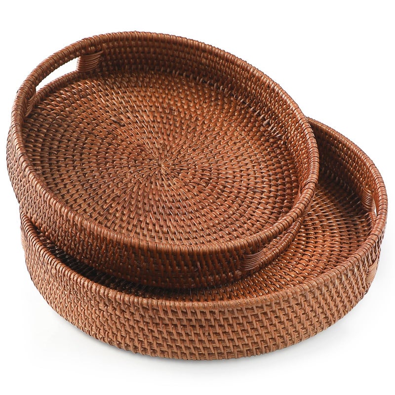 HITOMEN HandWoven Round Rattan Serving Tray Decorative Ottoman Wicker Platter with Handles for Coffee Table Breakfast Drinks Snack Bread Fruit Vegetables Brown Set of 2 ML