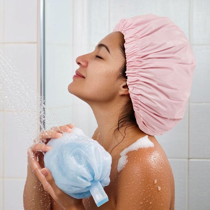 Edoneery Reusable Shower Cap for Women, Large Waterproof Shower Bonnet Washable Elastic Band Bath Hair Hat for Long Hair, Braids(Pink) - Image 1