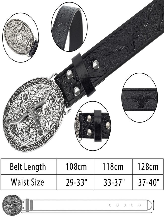 WAYLIT Western Belt for Women Men Carving Leather Belts Turquoise-Cowgirl-Belts for Jeans-Pants Bullhead Buckles, Black, Fit 33"-37"/118cm - Image 3