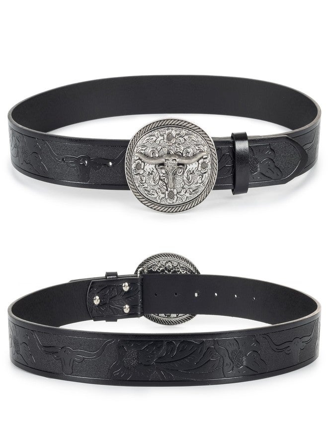 WAYLIT Western Belt for Women Men Carving Leather Belts Turquoise-Cowgirl-Belts for Jeans-Pants Bullhead Buckles, Black, Fit 33"-37"/118cm - Image 5
