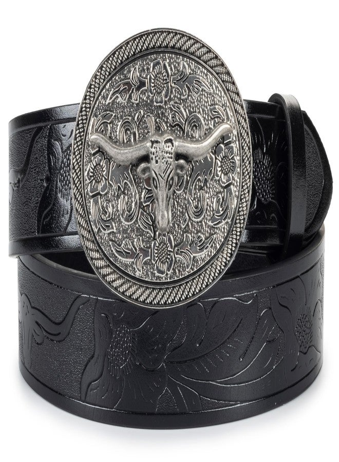 WAYLIT Western Belt for Women Men Carving Leather Belts Turquoise-Cowgirl-Belts for Jeans-Pants Bullhead Buckles, Black, Fit 33"-37"/118cm - Image 1