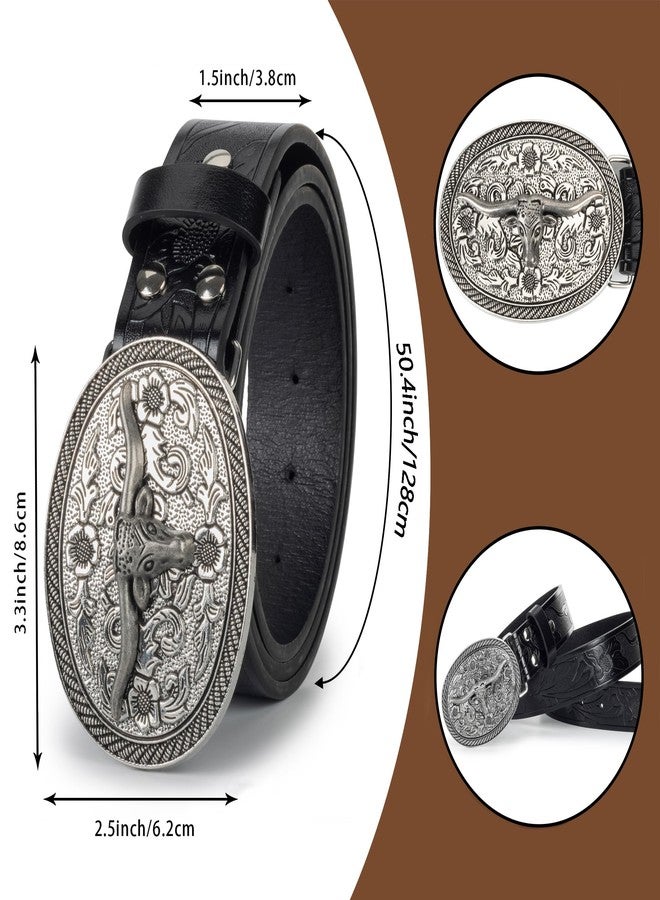 WAYLIT Western Belt for Women Men Carving Leather Belts Turquoise-Cowgirl-Belts for Jeans-Pants Bullhead Buckles, Black, Fit 33"-37"/118cm - Image 2