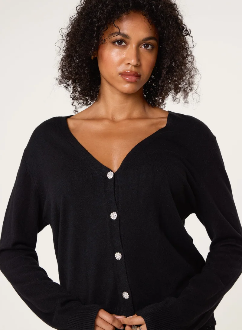 Blue Vanilla V Neck Diamante Button Cardigan