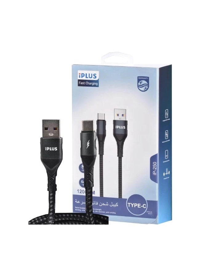 آي بلس ✅ العنوان 2: كابل شحن سريع iPLUS iP-250 بقدرة 60 واط - غلاف معدني، مضفر بالنايلون، من USB-A إلى Type-C - Image 2