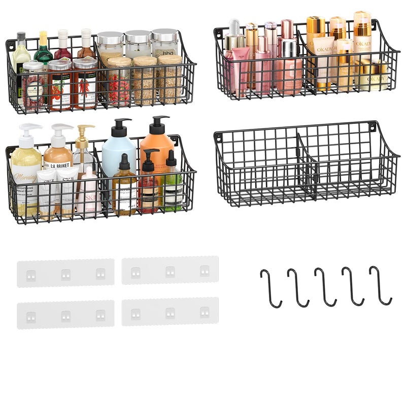 Sonyabecca 4 Pack EXTRA LARGE Hanging Wall Mount Storage Baskets With Divider, Metal Wire Basket With 4 Strong Adhesive Hooks +5 S Hooks,Organizing Wall Shelf for Home Kitchen Bathroom Pantry Garage RV, Black - Image 1