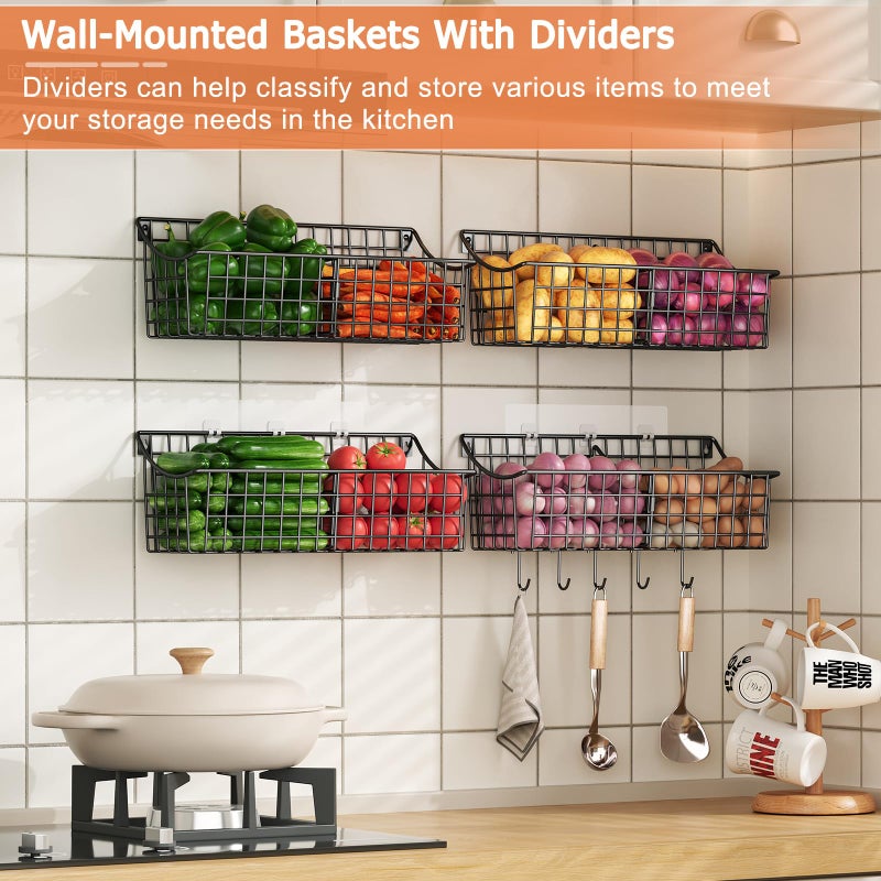 Sonyabecca 4 Pack EXTRA LARGE Hanging Wall Mount Storage Baskets With Divider, Metal Wire Basket With 4 Strong Adhesive Hooks +5 S Hooks,Organizing Wall Shelf for Home Kitchen Bathroom Pantry Garage RV, Black - Image 4