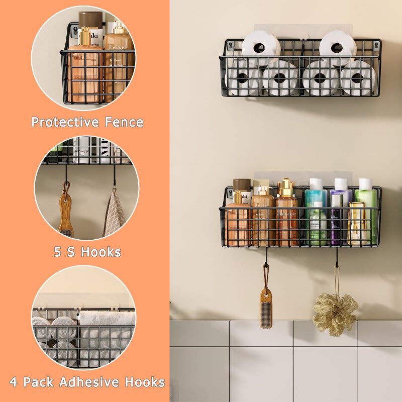Sonyabecca 4 Pack EXTRA LARGE Hanging Wall Mount Storage Baskets With Divider, Metal Wire Basket With 4 Strong Adhesive Hooks +5 S Hooks,Organizing Wall Shelf for Home Kitchen Bathroom Pantry Garage RV, Black - Image 2
