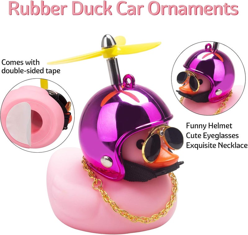 wonuu Pink Duck Car Dashboard Decorations Rubber Duck Car Ornaments Cool Duck with Propeller Helmet Sunglasses Gold Chain (Gorgeous Rose) - Image 5