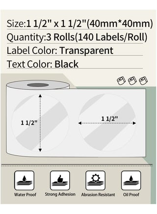 3 Rolls Multi-Purpose Round Self-Adhesive Label for M110/ M200/ M220/ M200/ M221 Label Printer, 40x40mm, 180 Labels/Roll (Transparent) - view 2