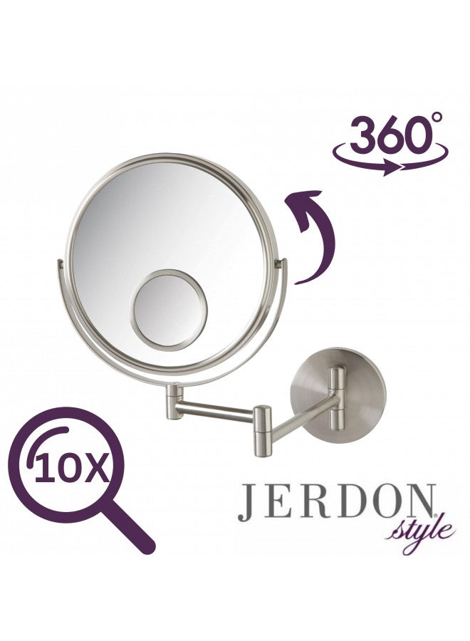 JERDON Wall Mount Mirror for Bathroom - Makeup Mirror with 10X Magnification and 15X Spot Mirror - Nickel Finish - Model JP7510N - Image 4