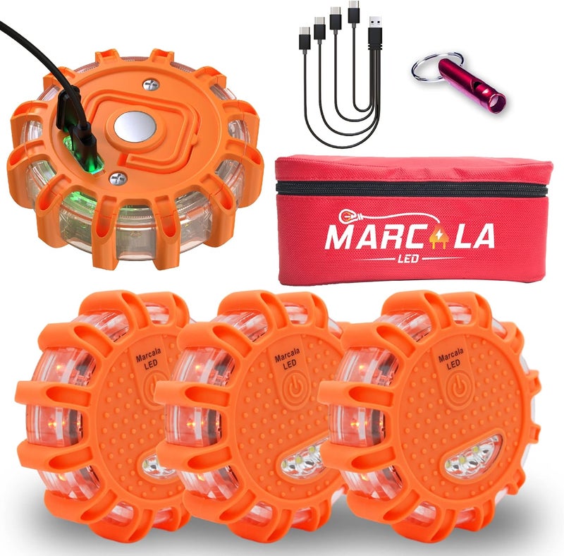 Marcala 4-Pack Rechargeable LED Emergency Road Flares | Large 1200mah Battery for Longer Run Time | Red Diode Road Emergency Light for High Visibility | Rechargeable LED Flares w/Included USB-C Cable - Image 1