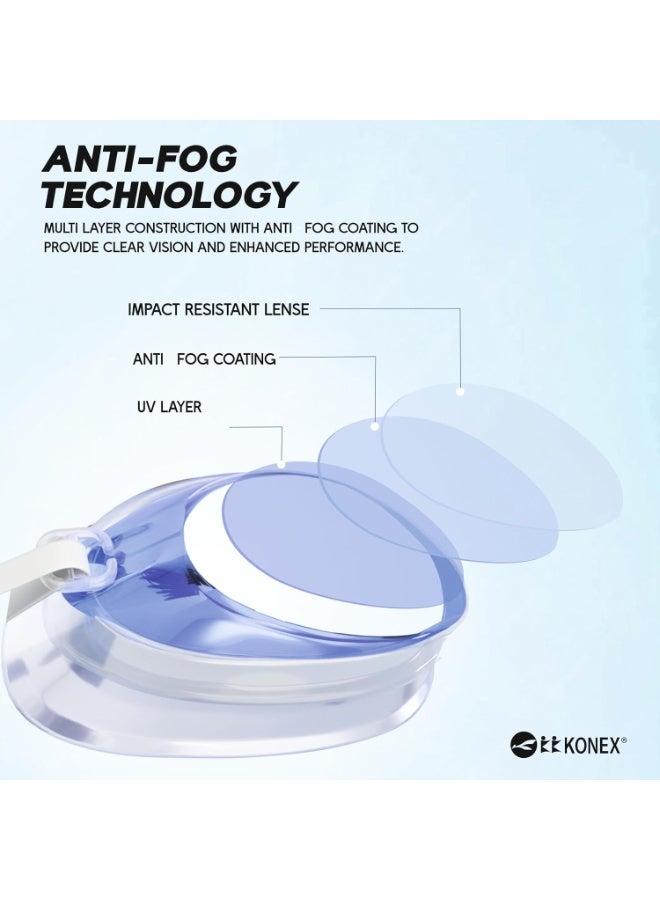 KONEX Anti-Fog UV Protection Swimming Goggles for Men, Women | Wide-Angle Vision with Silicone Comfort & Adjustable Strap | Perfect for Adults & Children (Blue) - Image 2