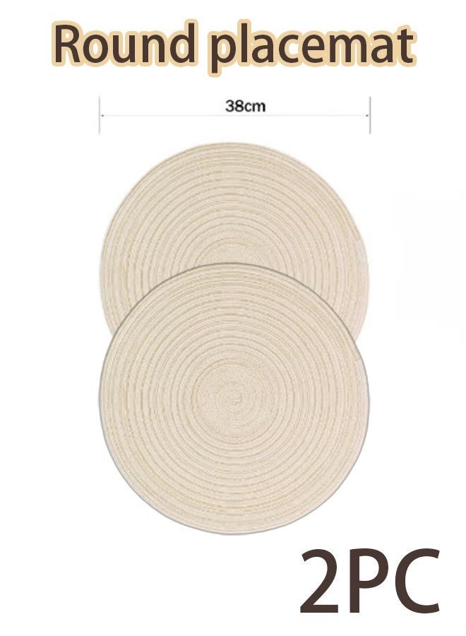مجموعة من 2 حصائر دائرية بيج 38 سم من القطن، عازلة للحرارة، خيوط قطنية فاخرة، سهلة الصيانة، نسيج واضح، مضفرة للحفلات، المطبخ، غرفة الطعام - Image 1