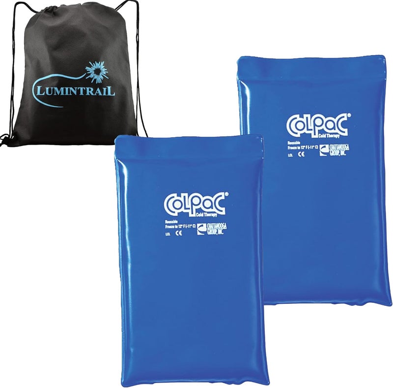 Chattanooga ColPac Reusable Gel Ice Pack for Knee Arm Elbow Shoulder Back  Aches Swelling Bruises Sprains Inflammation Half Size 2 Pack Bundle Blue Vinyl with a Lumintrail Bag - Image 1