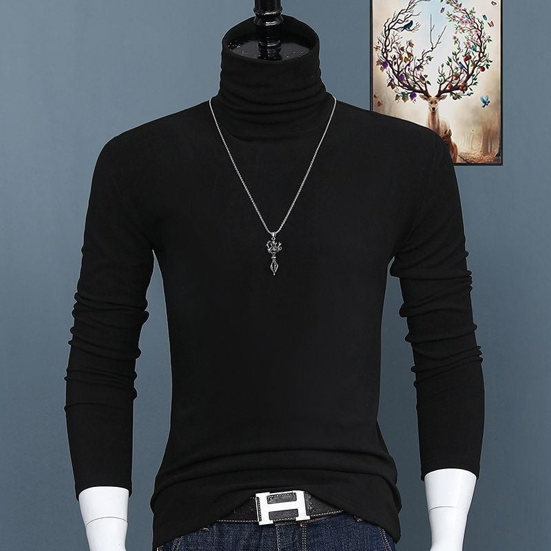 Mens Autumn and Winter Base Casual All-match Velvet Inner Base Shirt Mens Slim-fit Half-aged Solid Color Long-sleeved T-shirt Black - Image 1