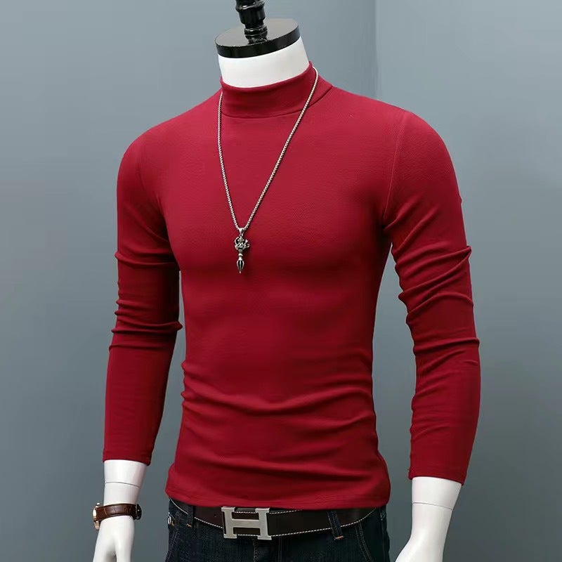 Mens Autumn and Winter Base Casual All-match Velvet Inner Base Shirt Mens Slim-fit Half-aged Solid Color Long-sleeved T-shirt Black - Image 5