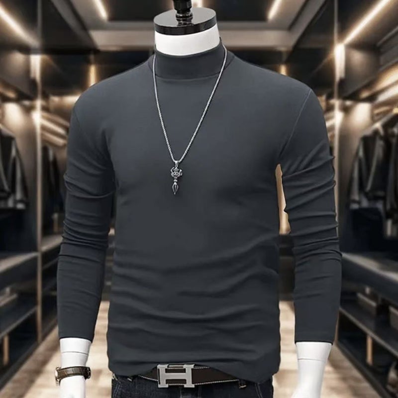 Mens Autumn and Winter Base Casual All-match Velvet Inner Base Shirt Mens Slim-fit Half-aged Solid Color Long-sleeved T-shirt Black - Image 3