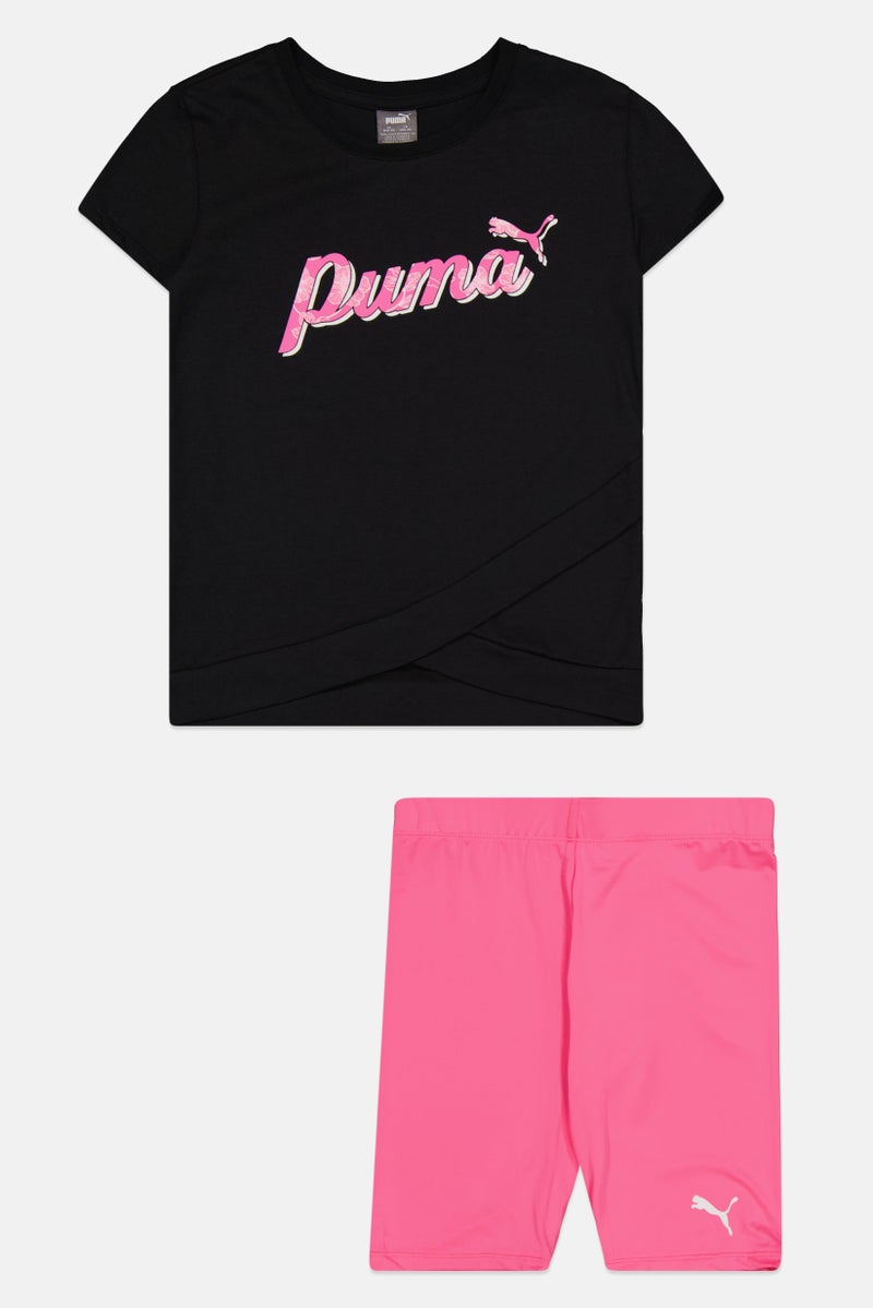 PUMA Kid Girl 2 Pieces Graphic Print Top And Bottom Set, Black/Pink - Image 1