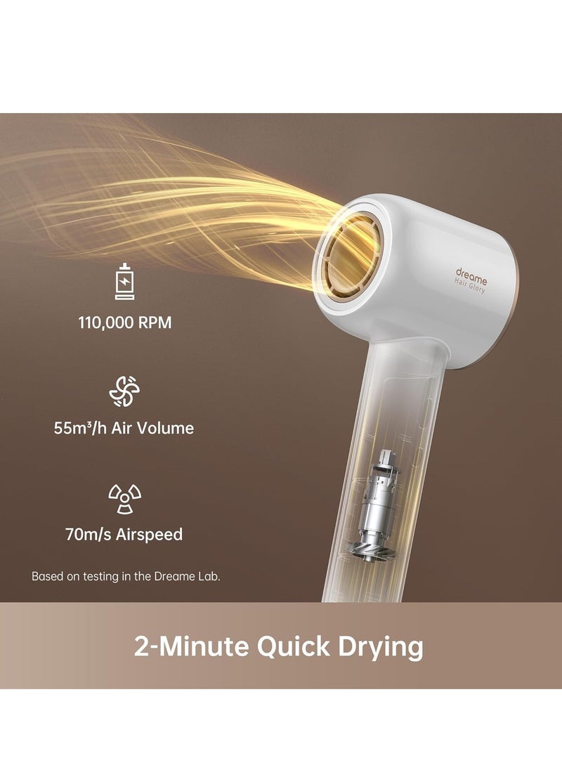 Dreame - Dreame Glory Hair Dryer, 1600W Fast Drying, Negative Ionic Blow Dryer, 110,000 RPM High-Speed Brushless Motor, Lightweight, Low Noise Thermo-Control Hairdryer for Travel with Nozzle (White) - Image 1