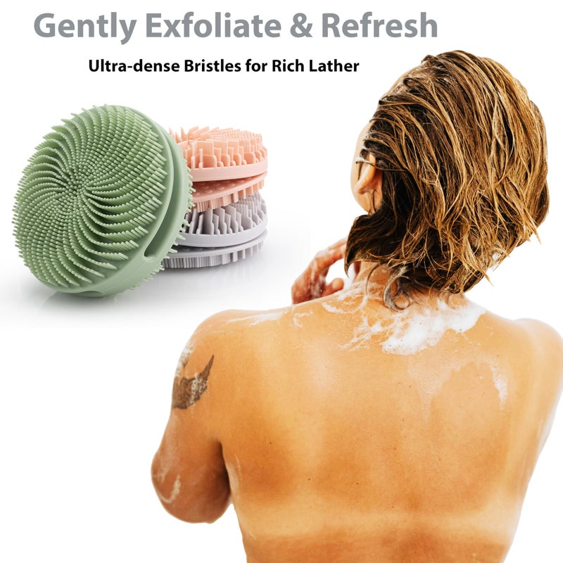 MtBoi 2 Pack Silicone Exfoliating Body Scrubber, Silicone Body Brush, Soft Silicone Loofah for Sensitive Skin, Shower Head Massager, Easy to Clean, Lathers Well(Gray&Green) - Image 3