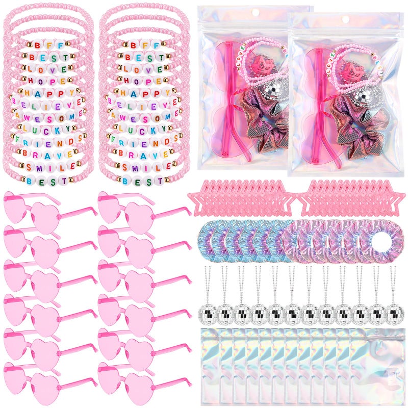Landical 96 Pcs/ 12 Sets Kpop Party Favors Popular Singer Gifts Friendship Bracelets Scrunchies Heart Sunglasses Disco Ball Necklaces Hair Clips Bags for Y2k Kpop Fans Women Birthday(Pink) - Image 1