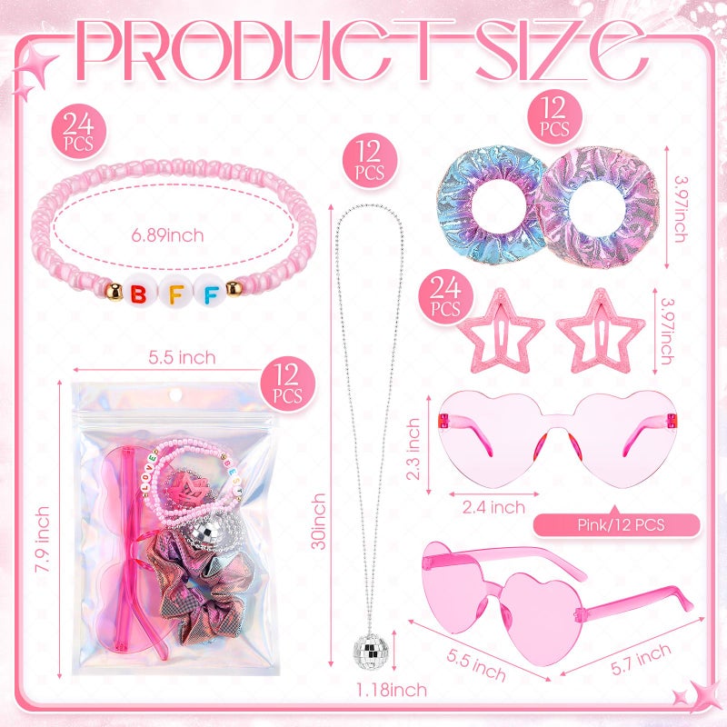 Landical 96 Pcs/ 12 Sets Kpop Party Favors Popular Singer Gifts Friendship Bracelets Scrunchies Heart Sunglasses Disco Ball Necklaces Hair Clips Bags for Y2k Kpop Fans Women Birthday(Pink) - Image 2