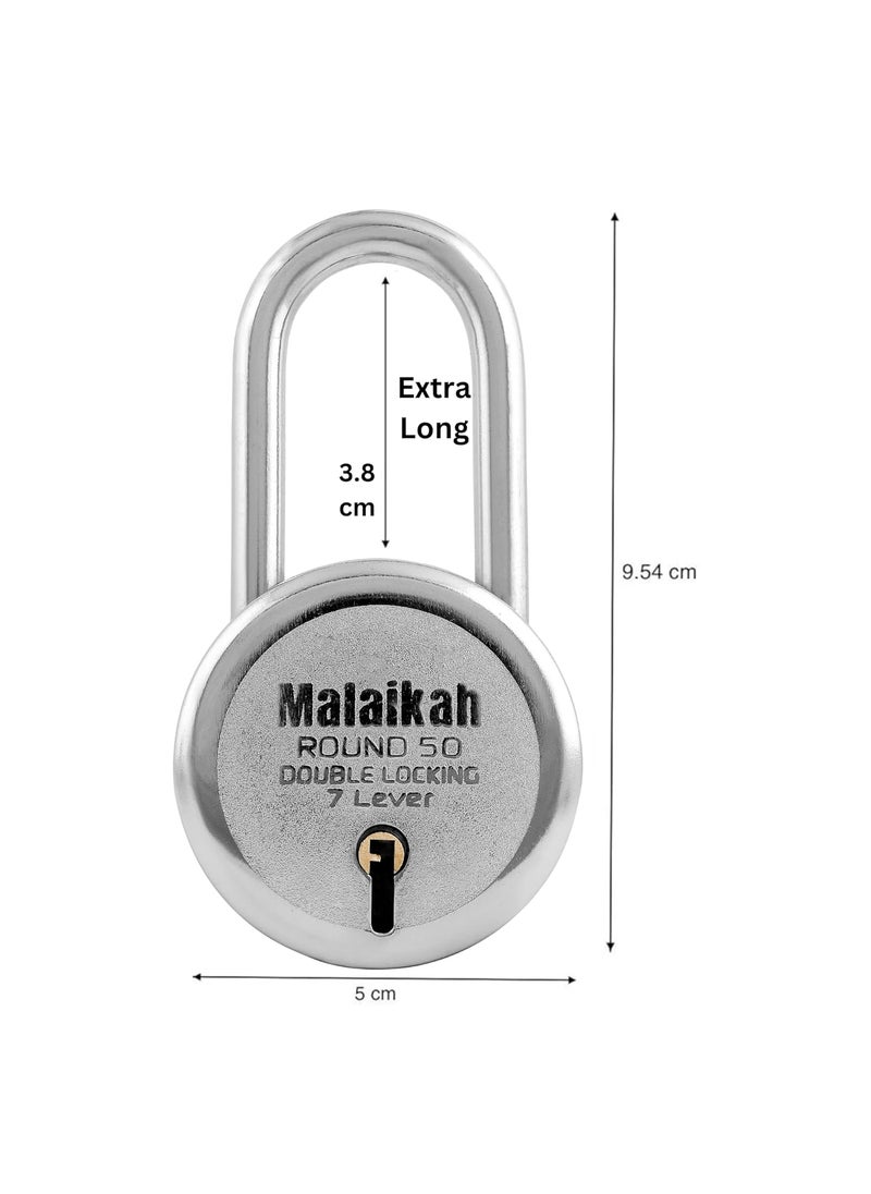 MALAIKAH - Malaikah Round 50 mm Padlock Long Shackle Double Locking 7 Lever with 3 Keys Ideal for Gate Shutter and Shop Ideal for Gate Shutter and Shop Made in Aligarh India Pack of 3 - Image 1