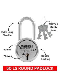 MALAIKAH Malaikah Round 50 mm Padlock Long Shackle Double Locking 7 Lever with 3 Keys Ideal for Gate Shutter and Shop Ideal for Gate Shutter and Shop Made in Aligarh India Pack of 3  - Image 3