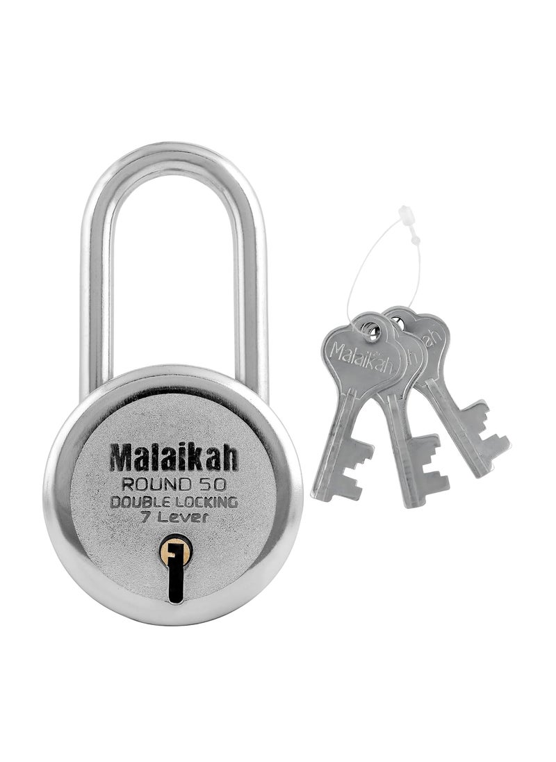 MALAIKAH - Malaikah Round 50 mm Padlock Long Shackle Double Locking 7 Lever with 3 Keys Ideal for Gate Shutter and Shop Ideal for Gate Shutter and Shop Made in Aligarh India Pack of 3 - Image 1