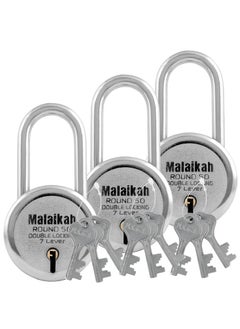 MALAIKAH Malaikah Round 50 mm Padlock Long Shackle Double Locking 7 Lever with 3 Keys Ideal for Gate Shutter and Shop Ideal for Gate Shutter and Shop Made in Aligarh India Pack of 3  - Image 1