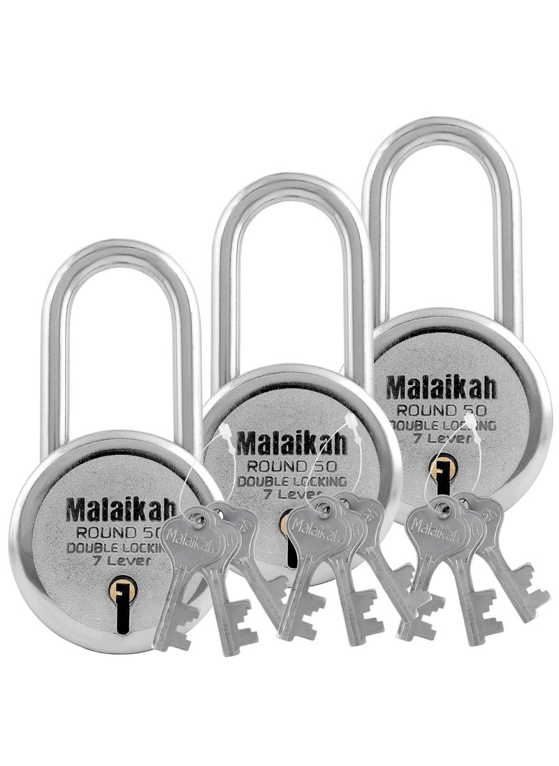 MALAIKAH - Malaikah Round 50 mm Padlock Long Shackle Double Locking 7 Lever with 3 Keys Ideal for Gate Shutter and Shop Ideal for Gate Shutter and Shop Made in Aligarh India Pack of 3 - Image 1
