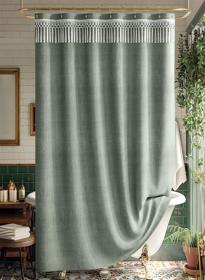 AmazerBath ستائر دش أمازر باث الخضراء للحمام، ستارة دش بوهيمية على طراز المزرعة مع شرابات علوية، ستارة دش باللون الأخضر المريمي مع 12 خطاف، قماش كتان مزيف بجودة الفنادق، 72x72 بوصة - Image 1