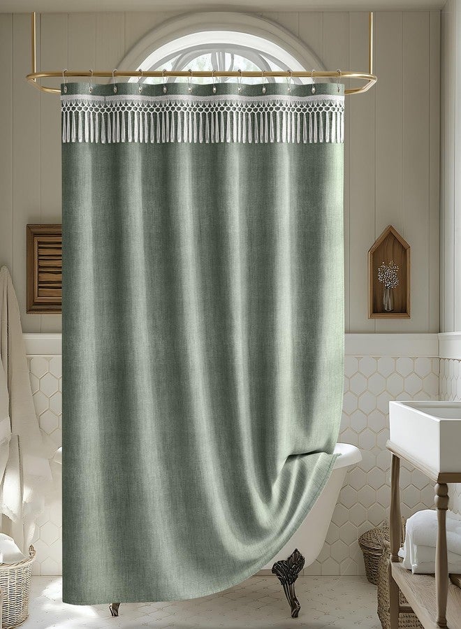 AmazerBath ستائر دش أمازر باث الخضراء للحمام، ستارة دش بوهيمية على طراز المزرعة مع شرابات علوية، ستارة دش باللون الأخضر المريمي مع 12 خطاف، قماش كتان مزيف بجودة الفنادق، 72x72 بوصة - Image 2