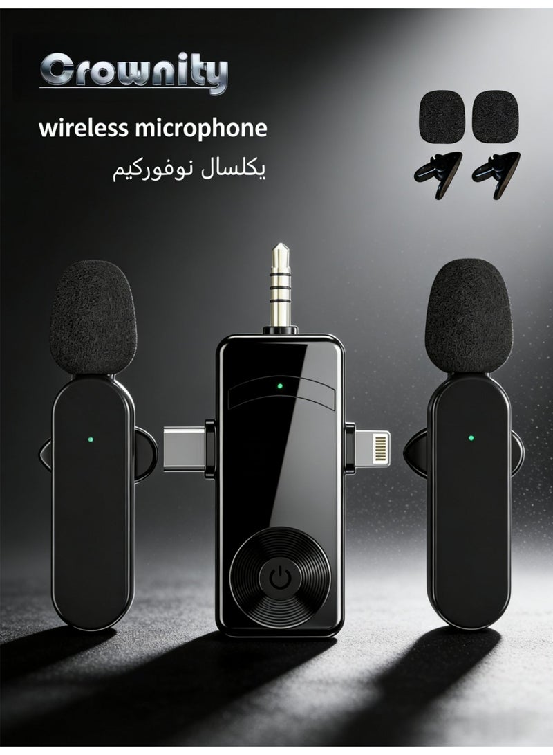كرونايتي ميكروفون صغير للآيفون والأندرويد والكاميرا والآيباد (USB-C)، ميكروفون لافالير لاسلكي احترافي 4 في 1 للتسجيل والبث المباشر ويوتيوب وفيسبوك وتيك توك والفلوغ (قطعتان) - Image 1