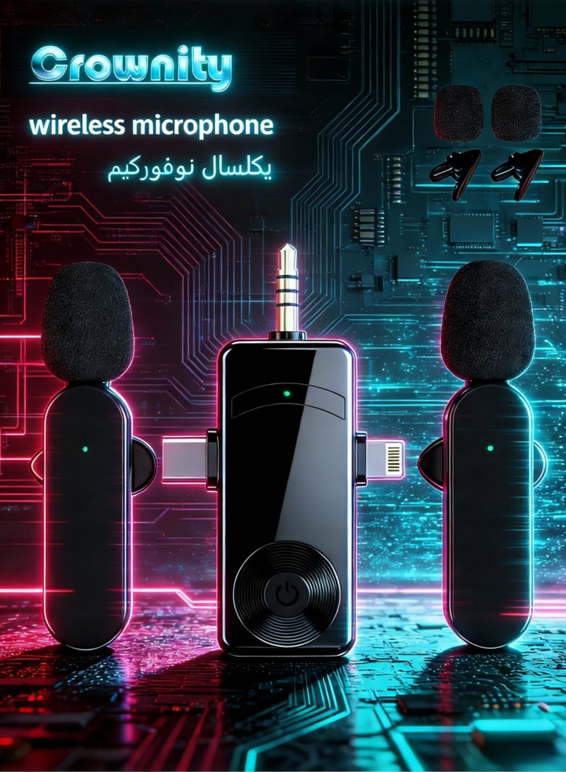 Crownity 4 in 1 Professional Mini Wireless Lavalier Lapel Microphone (2 Pcs) – Wireless Mic & Microphone Wireless for iPhone/iPad/Android/Camera/USB-C – Ideal Microphone for Vlogging, Phone Vlog, Recording, Live Streaming, YouTube/TikTok - Image 1