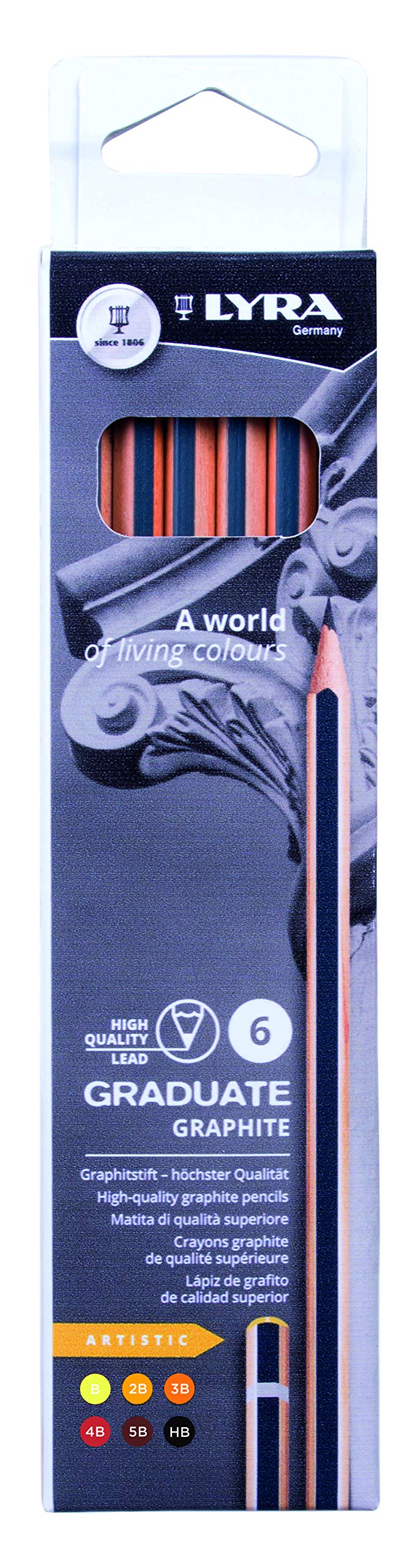 LYRA Graduate Graphite Pencils, 6 Pieces, Assorted Grades, Lead, Artistic Drawing, Cardboard Box, Ideal for Student Artists & Schools - Image 1