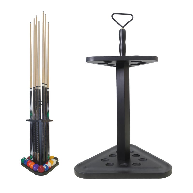 JAYOBGO Pool Stick Holder Billiards Cue Rack, Pool Cue Floor Stand Holds 9 Billiard Sticks & Billiards Accessories, Wood Triangle Billiard Stick Stand Cue Rack Only - Image 1