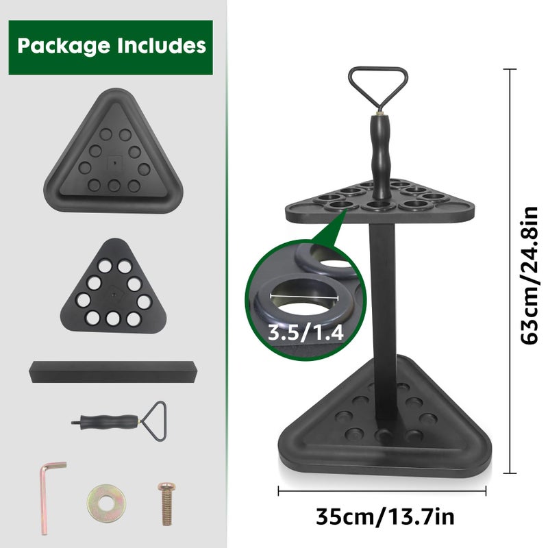 JAYOBGO Pool Stick Holder Billiards Cue Rack, Pool Cue Floor Stand Holds 9 Billiard Sticks & Billiards Accessories, Wood Triangle Billiard Stick Stand Cue Rack Only - Image 2