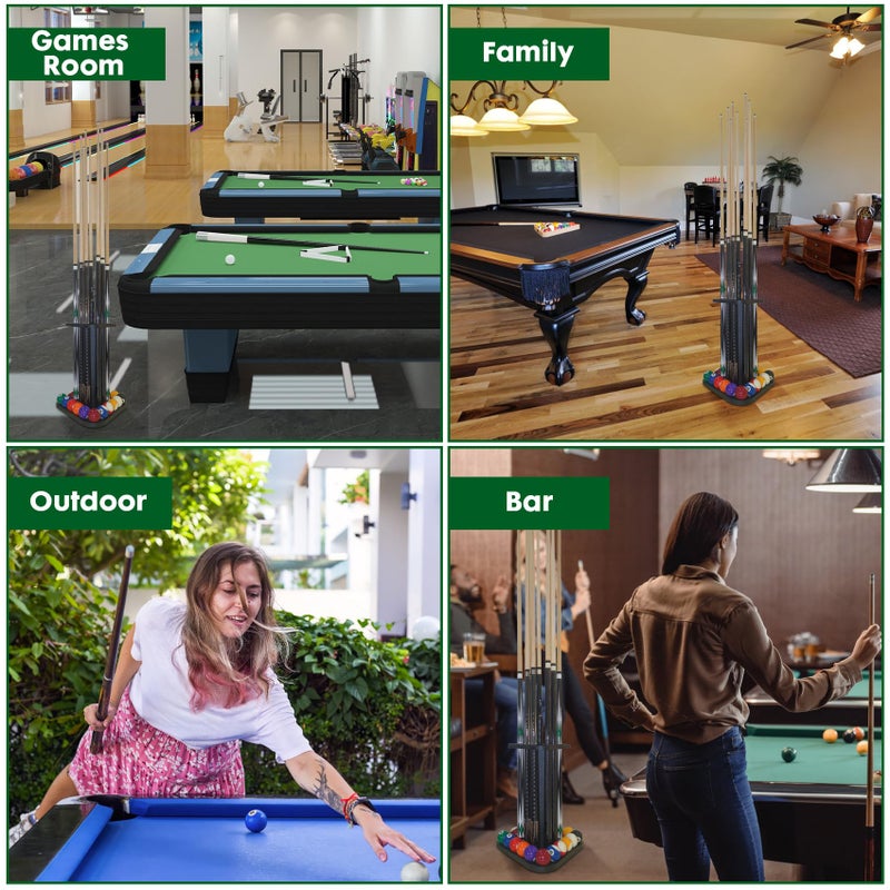 JAYOBGO Pool Stick Holder Billiards Cue Rack, Pool Cue Floor Stand Holds 9 Billiard Sticks & Billiards Accessories, Wood Triangle Billiard Stick Stand Cue Rack Only - Image 5