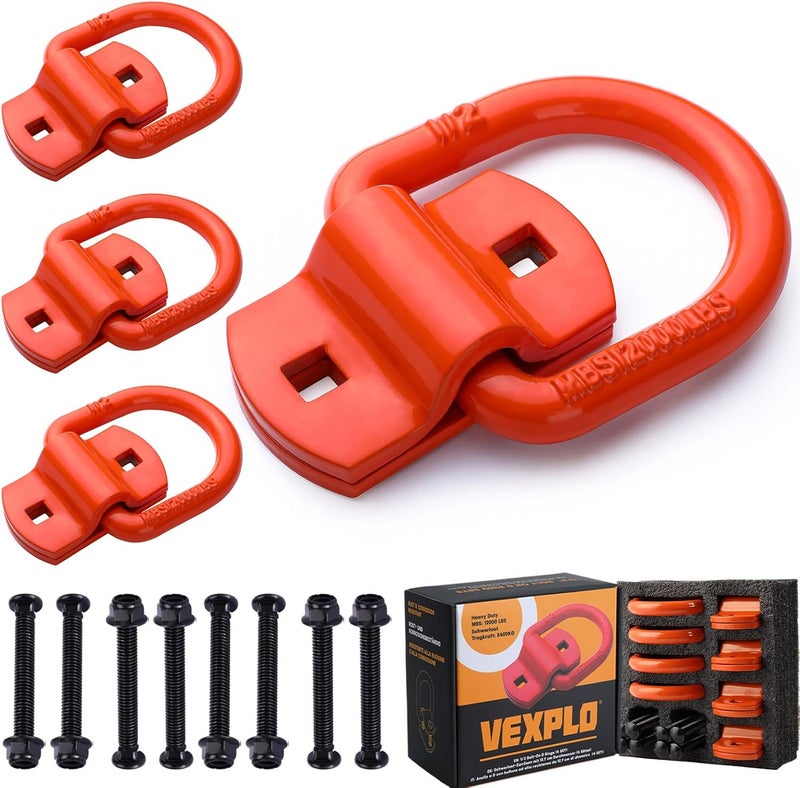 VEXPLO ® عيون ربط شديدة التحمل للمقطورات والشاحنات الصغيرة، نقطة رفع قابلة للربط بوزن 5400 كجم، مجموعة من 4 حلقات تجميع، حلقة D مع براغي، مثالية للأحمال الثقيلة والتضاريس الصعبة (برتقالي) - Image 1