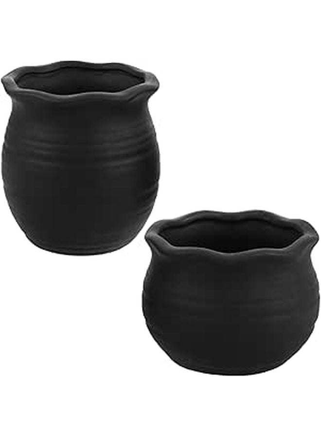 Black Mini Ceramic Succulent Planter Pots Set Of 2 With Wavy Rim - Image 1