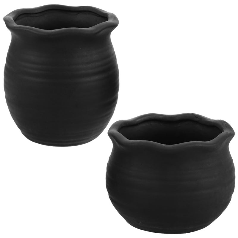 Black Mini Ceramic Succulent Planter Pots Set Of 2 With Wavy Rim - Image 2