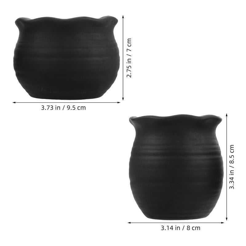 Black Mini Ceramic Succulent Planter Pots Set Of 2 With Wavy Rim - Image 3