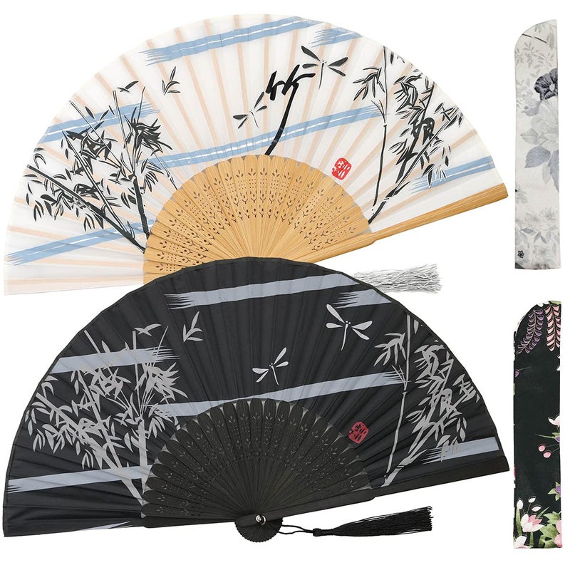 Leehome Small Folding Hand Fans for Women Chinese Japanese 2pcs Vintage Bamboo Silk Fans  for Dance Music Festival Wedding Party DecorationsGift Black  White Bamboo