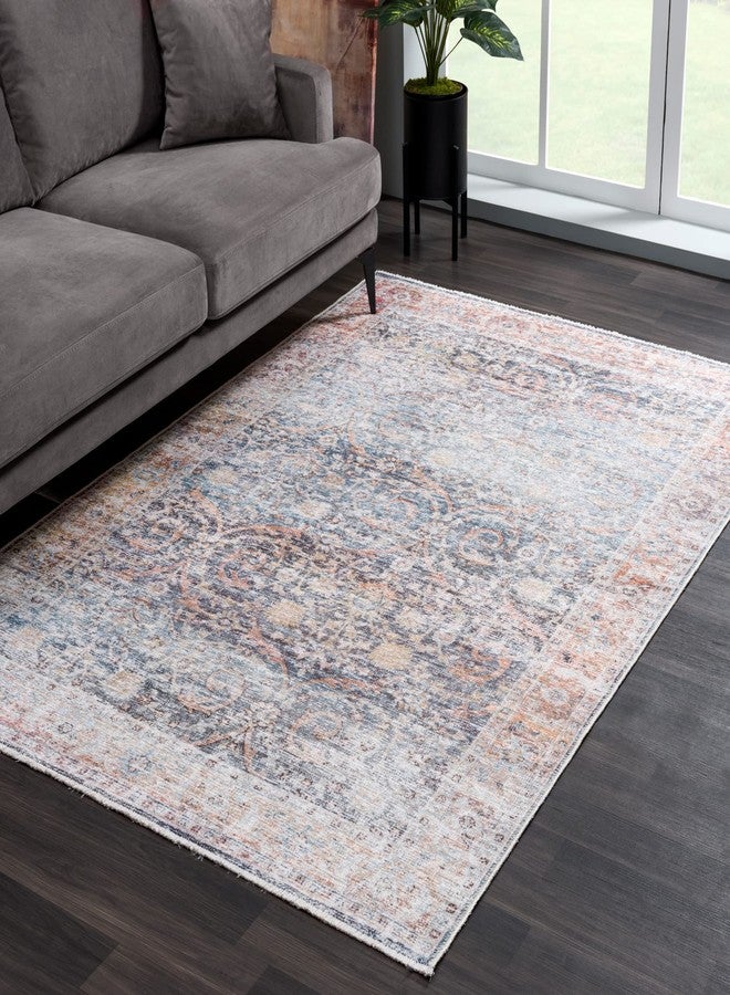 Bloom Rugs Caria Washable Non-Slip 4x6 Rug - Ocean Blue/Brick Traditional Area Rug for Living Room, Bedroom, Dining Room, and Kitchen - Exact Size: 4' x 6' - Image 3